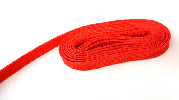 Red Rope White Background Fabric Rope Red Color Folded Coil — Stock Photo, Image