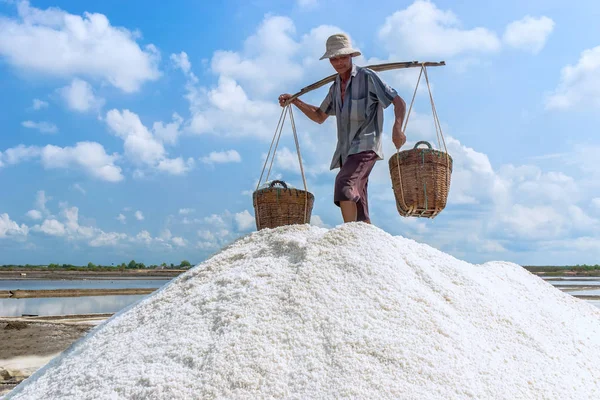 Man Harvesting Salt Can Gio Hochiminh City Vietnam — Stock Photo, Image