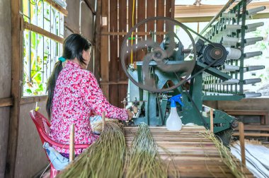 Tien Giang-Vietnam: genç kadın uzun Dinh Tien Giang il, Vietnam makine tarafından geleneksel hasır dokuma. Mat yatağın yaymak için kullanılan her aile için gerekli bir öğedir.