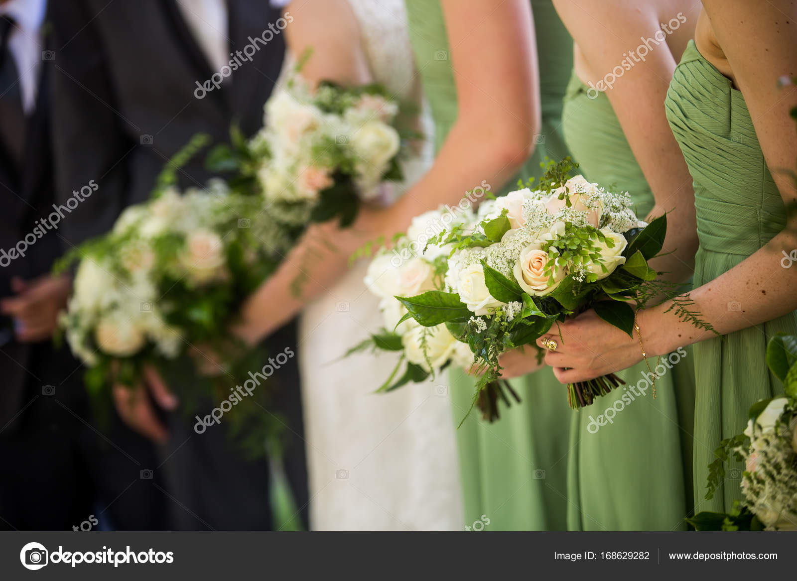 White Wedding Dress With Pink Accents Bridesmaids And Brides