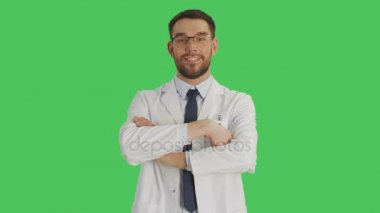 Yakışıklı doktor doz orta / bilim adamı giyen gözlük silah geçiş ve sonra'na onun dizin parmak yukarıya doğru. Yeşil ekran arka plan olduğunu.