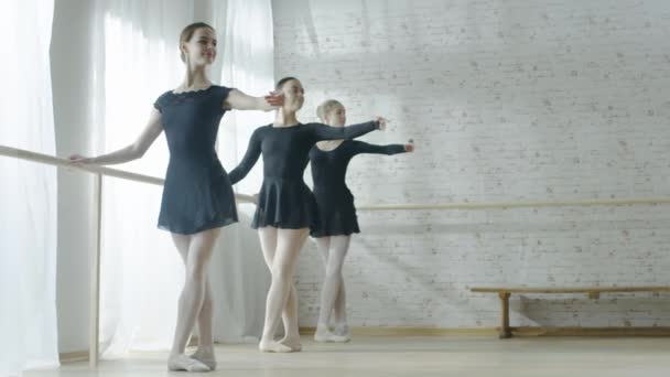 Młody Ballerinas robi rano rozciągania — Wideo stockowe