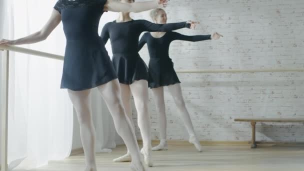 Ballerinas fazendo alongamentos no bar — Vídeo de Stock