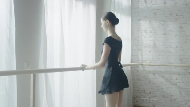 Schöne Ballerina tanzt am Barre. — Stockvideo