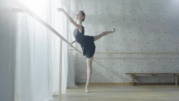 Vackra Ballerina utövar på Barre. — Stockvideo