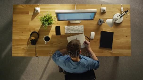 Top View of a Time-Lapse of a Whole Working Day of a Creative Designer. Working on His Desktop Computer, Drinking Coffee, Going To Lunch, Writing Down Stuff in His Notebook and Going Home. — Stock Video