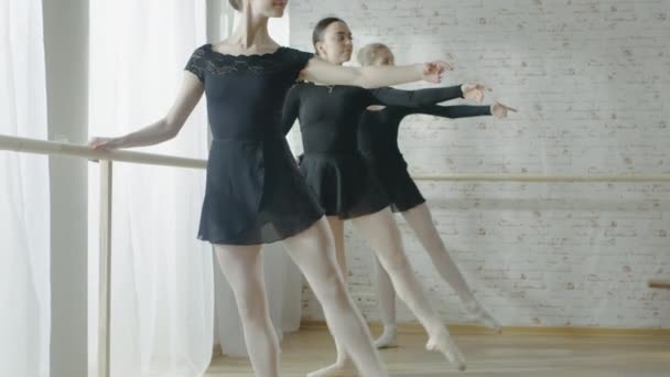 Bailarinas practicando danza en la barra . — Vídeos de Stock