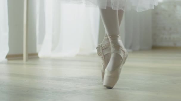Närbild skott ballerinas ben. Hon dansar på sin Pointe balettskor. Hon är klädd i vit Tutu klänning. Skjuten i en ljus och solig moderna Studio. I Slow Motion. — Stockvideo