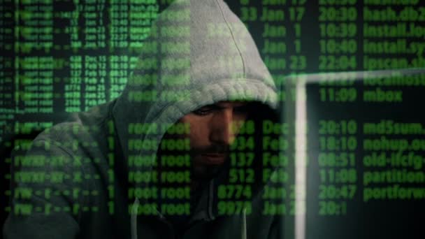Close-up medio Shot van een Hacker dragen Hoodie zitten op zijn bureaubladcomputer. Speciale effecten van Hacking proces weergegeven over het scherm. — Stockvideo