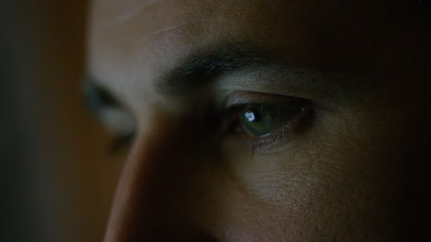 Nahaufnahme der Augen eines grünblauen Mannes, in denen sich der Bildschirm spiegelt. — Stockvideo