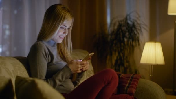 Vacker ung kvinna sitter på hennes soffa i ett vardagsrum. Hon använder Smartphone med intresse. Det är kväll, stor stad ses i fönstret. — Stockvideo