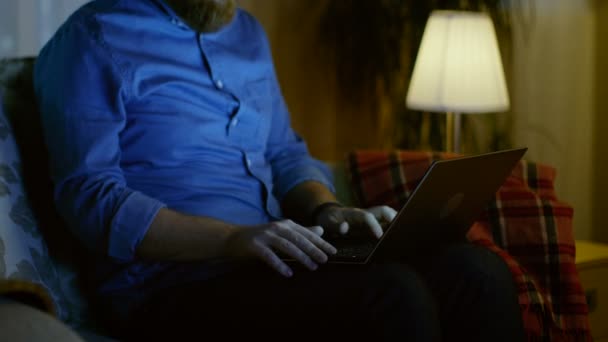 In the Evening Man travaille sur son ordinateur portable tout en étant assis sur le canapé dans son salon. Petite amie le rejoint sur le canapé. Sa télé est allumée. C'est le soir. .