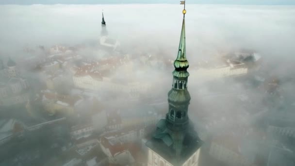 Aerial Shot of Old Town on a Foggy Winter Day. Churches Spires are Beautifully Visible. — Stock Video