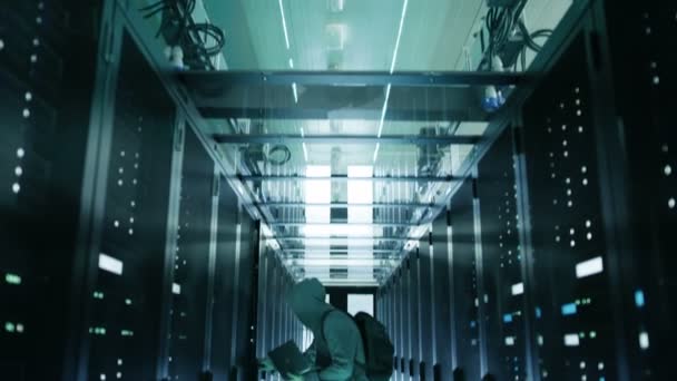 Fotografía creativa de un hacker en una sudadera con capucha conectada con un cuaderno a un servidor de datos robando información . — Vídeos de Stock