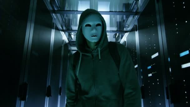 Masked Hacker in a Hoodie Walks Through Corporate Data Center with Rows of Working Rack Servers. — Stock Video