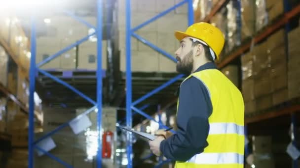 El topógrafo que usa casco duro con portapapeles rellena formularios en un almacén. Camina a través de filas de bastidores de almacenamiento con mercancía . — Vídeo de stock