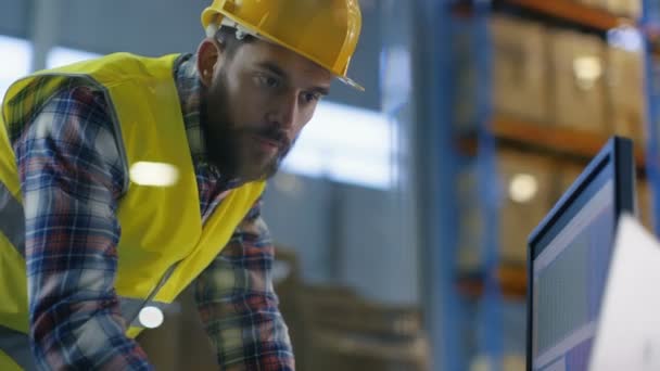 Mannelijke Inspector dragen Hard Hat ingevuld Spreadsheets op zijn PC. Hij is in de grote loods met rijen van Pallet rekken. — Stockvideo