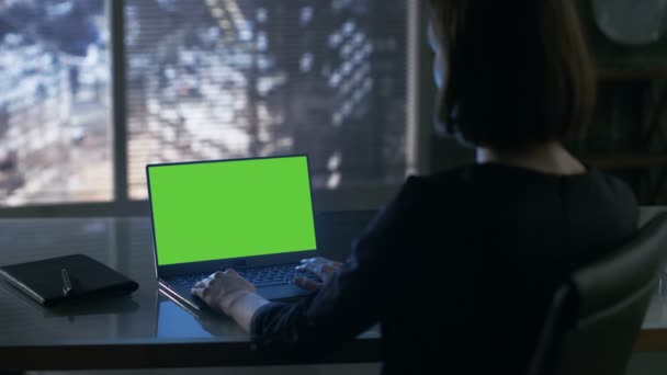 Sopra la spalla vista di donna d'affari seduto alla sua scrivania e lavorare su un computer portatile con schermo verde. La grande città è vista fuori dalla finestra . — Video Stock