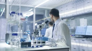 Modern laboratuvar araştırma bilim adamı ayarlar örnek bir Petri kabına cerrahi kerpeten ve mikroskop altında üstünde o görünüyor içinde. Hisse onun sonuçlarını meslektaşı ile o.