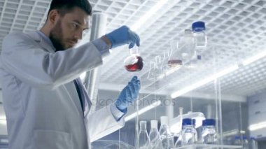 High-End laboratuvar araştırma bilim adamı alır raf ve inceliyor içerik kabı.