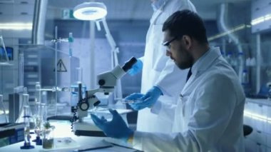 İçinde Modern laboratuvar Yardımcısı getiriyor Petri kabına şef araştırma bilim adamı için kim örnek altında mikroskop inceleyerek başlar.