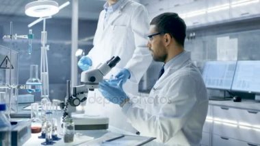 İçinde Modern laboratuvar Yardımcısı getiriyor Petri kabına şef araştırma bilim adamı için kim örnek altında mikroskop inceleyerek başlar.