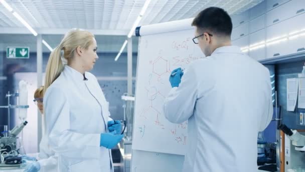 Junge Wissenschaftlerinnen und Wissenschaftler schreiben Formeln auf ein Whiteboard. Sie lösen wissenschaftliche Probleme im hellen, modernen High-Tech-Labor. — Stockvideo