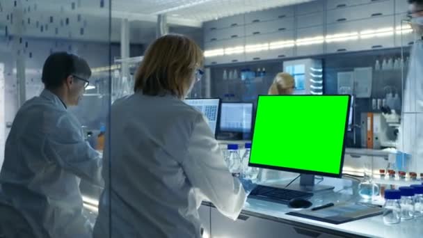 女性と男性の科学者が取り組んで現代実験室のコンピューター (モックアップ グリーン スクリーン)。ビーカー、化学物質別の技術的な機器と様々 な棚が表示. — ストック動画