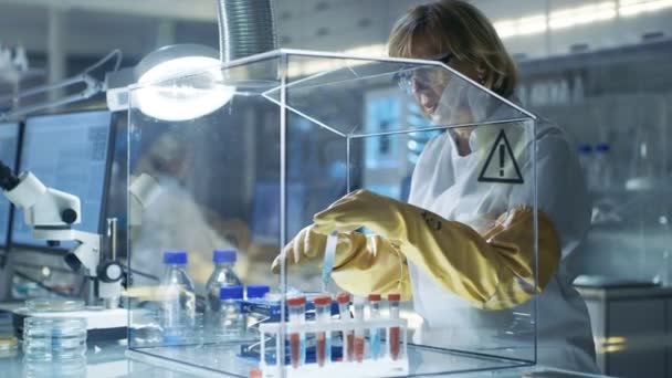 Senior Female Biologist Works with Samples in Isolation Glove Box. Está en un laboratorio moderno equipado con tecnología de vanguardia. . — Vídeos de Stock