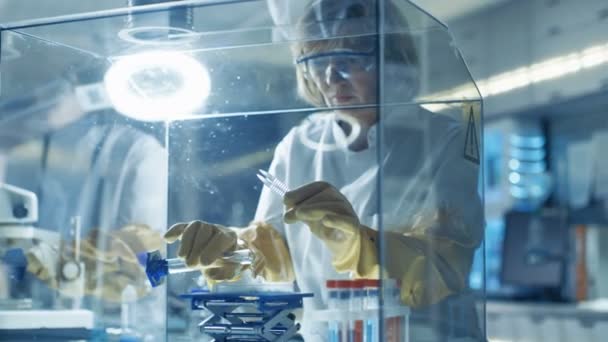 Senior Female Scientist Works with Samples in Isolation Glove Box. Elle est dans un laboratoire moderne équipé d'une technologie de pointe . — Video