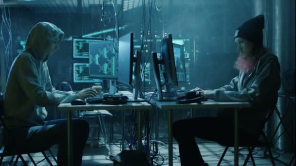 Team of Internationally Wanted Boy and Girl Hackers Organiser une attaque de virus avancée sur les serveurs d'entreprise. Lieu est sombre et a plusieurs affichages . — Video