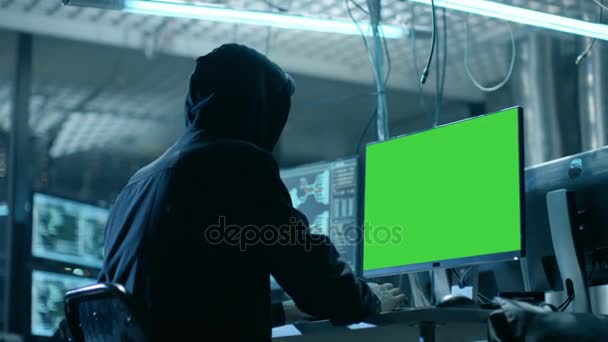 Team av ville internationellt tonåriga hackare med grön skärm Mock-up displayen smitta servrar och infrastruktur med skadlig kod. Deras gömställe är mörka, Neon upplyst och har flera skärmar. — Stockvideo