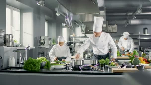 O famoso chef trabalha em uma cozinha grande do restaurante com sua ajuda. Cozinha está cheia de alimentos, legumes e pratos a ferver . — Vídeo de Stock