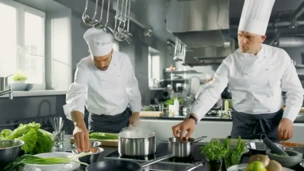 Deux chefs célèbres travaillent en équipe dans une grande cuisine de restaurant. Légumes et ingrédients sont partout, cuisine semble moderne avec beaucoup d'acier inoxydable . — Video