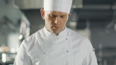 Ünlü şef bir Pan'ın üzerinde balık yemek hazırlanması üzerinde konsantre O bir Modern mutfakta çalışıyor.