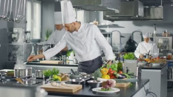 Famoso Chef y su personal trabajando en una gran cocina de restaurante. Lugar tiene diseño moderno limpio . — Vídeo de stock
