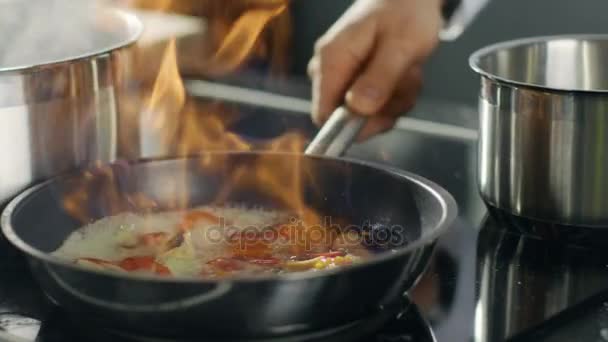 Close-up van een chef-kok die Flambe Style Dish op een pan bereidt. Olie en alcohol Ignite met open vuur. — Stockvideo