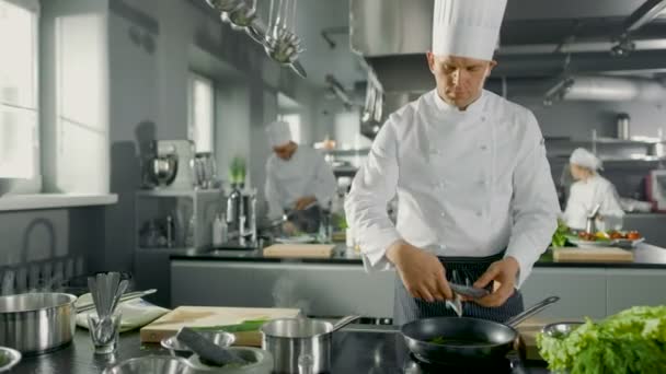 Известный шеф-повар ресторана кладет рыбу на горячую сковороду. Он работает на современной кухне . — стоковое видео