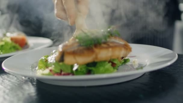 Porträtt av en ung kvinna Chef ler medan matlagning i ett modernt kök. — Stockvideo