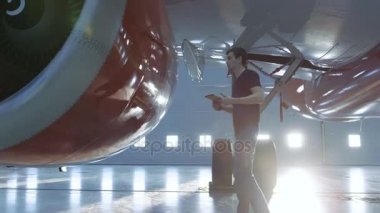Bir Hangar uçak bakım genç mühendisi olarak / teknisyen / mekanik bir el feneri uçak Jet alt yapısı ile inceler. O motor kapağı açar ve iç inceliyor.