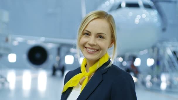 In einem Flugzeugwartungshangar lächelt die junge schöne blonde Stewardess / Stewardess charmant in die Kamera. Im Hintergrund ist nagelneues Flugzeug zu sehen. — Stockvideo