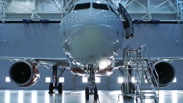 Lanzamiento descendente de un avión nuevo de pie en un hangar de mantenimiento de aeronaves. La puerta del avión está abierta y la escalera está junto a ella . — Vídeo de stock