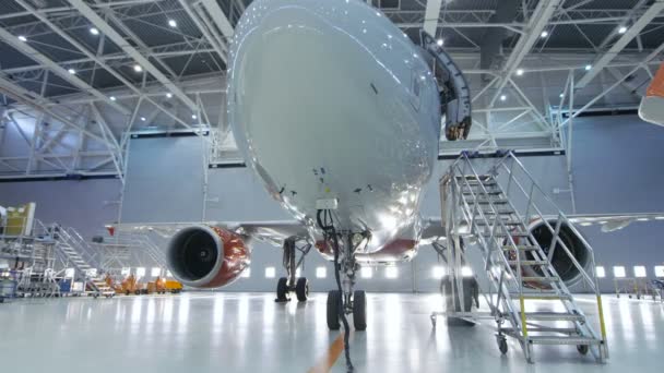 Lage hoek Shot van een gloednieuw vliegtuig permanent in een vliegtuig onderhoud Hangar. Vliegtuig deur is Open en Ladder staat ernaast. — Stockvideo