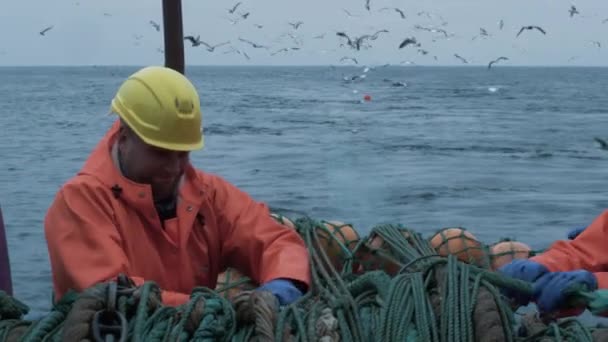 Posádka rybářů pracuje na obchodní rybářské lodi, která tahá vlečnou síť — Stock video