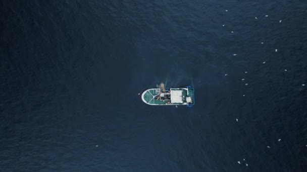 Zoom out of a Commercial Ship Fishing with Trawl Net on the Sea. Top down view. — Stock Video