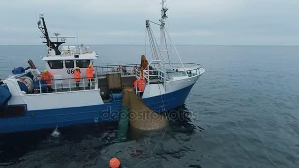 Flyger runt kommersiellt fiske fartyg med trål som är fulla av fisk — Stockvideo