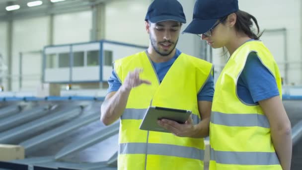 Two Post Sorting Center Workers Using Tablet while Having Conversation. — Stock Video