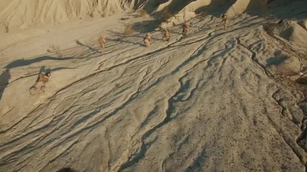 Vliegen over groep Running militairen tijdens militaire operatie in woestijn omgeving. — Stockvideo