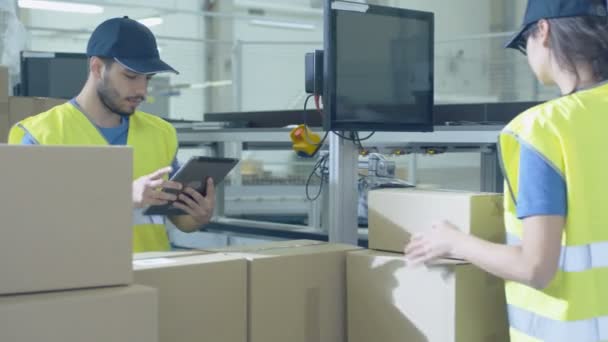 Post sorteren Center Worker zet kartonnen dozen op transportband terwijl een andere werknemer met behulp van Tablet Pc. — Stockvideo