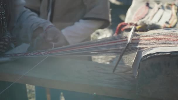 Close-up Shot of Old Woman Needlework and Weaving. Medieval Reenactment. — Stock Video